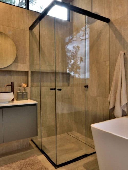 Corner entry frameless shower screen in Melbourne bathroom