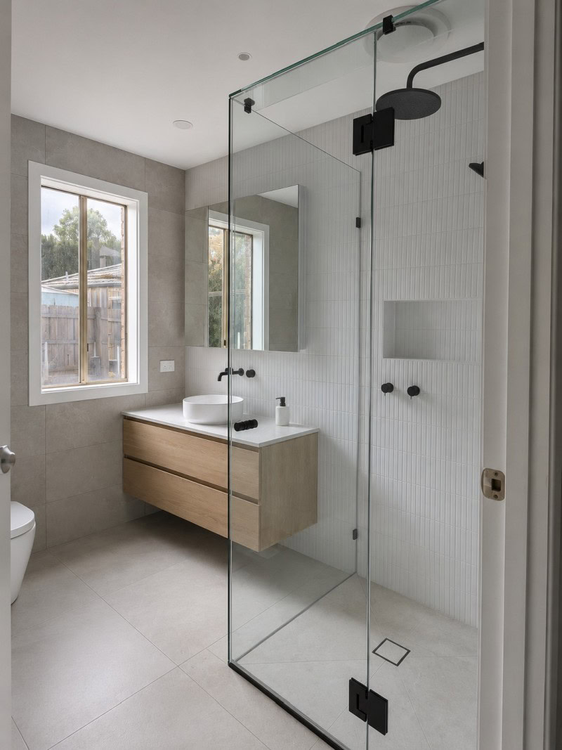Black frameless shower screen installed in South Morang bathroom