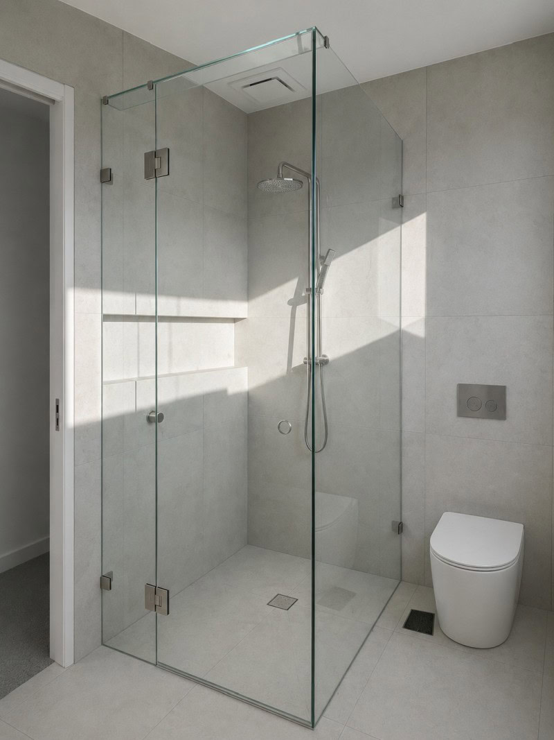 Brushed nickel frameless shower screen installed in an Altona bathroom renovation