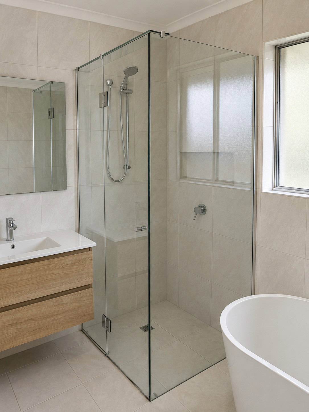 Chrome frameless shower screen installed in Greensborough bathroom