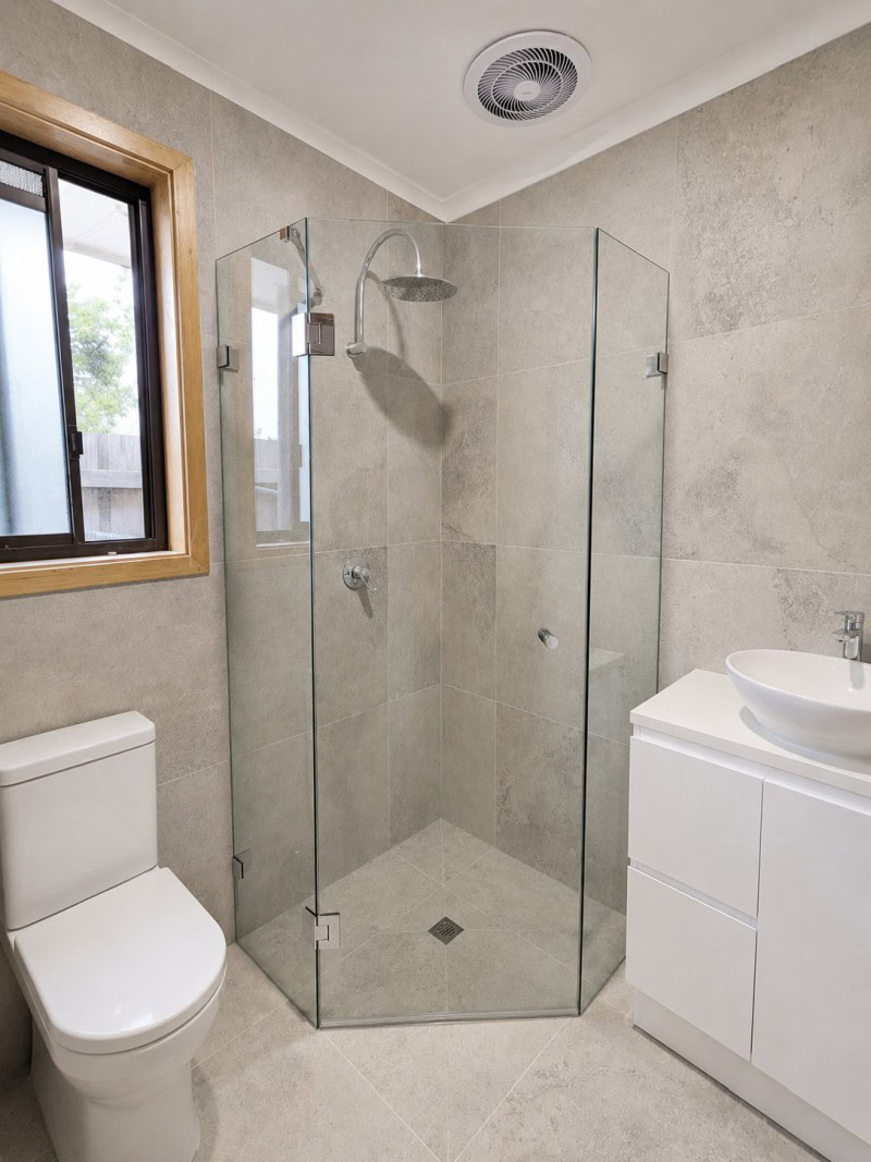 Diamond shape frameless shower screen installed in Kealba bathroom renovation