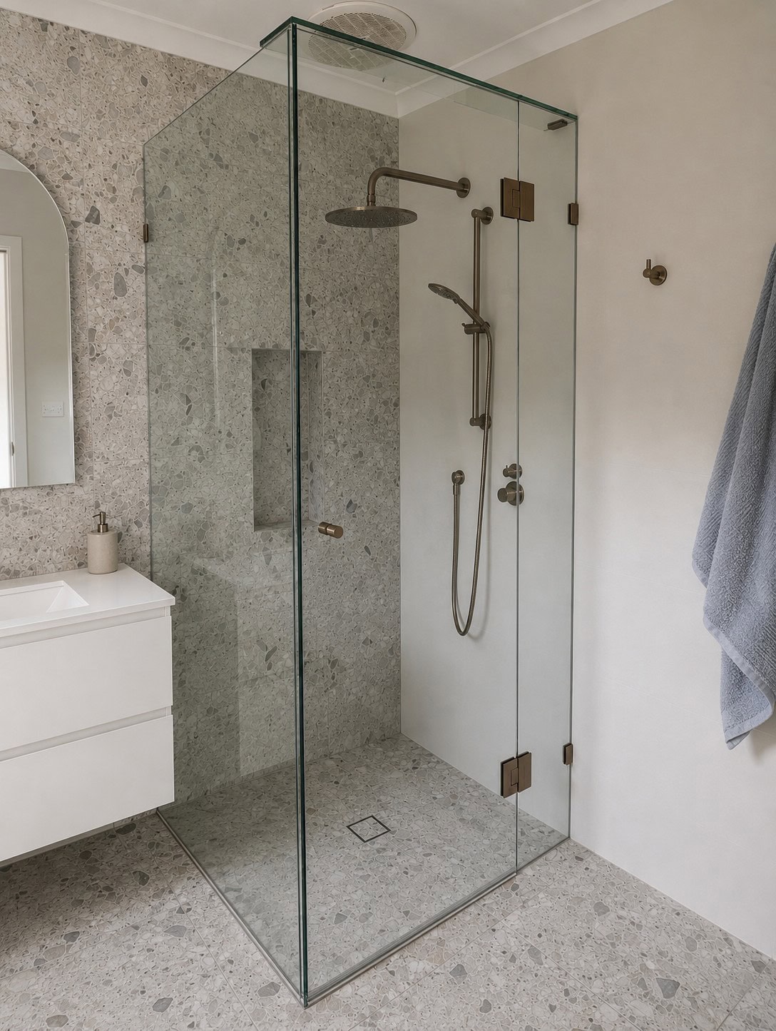 Frameless shower screen installed in Bacchus Marsh bathroom