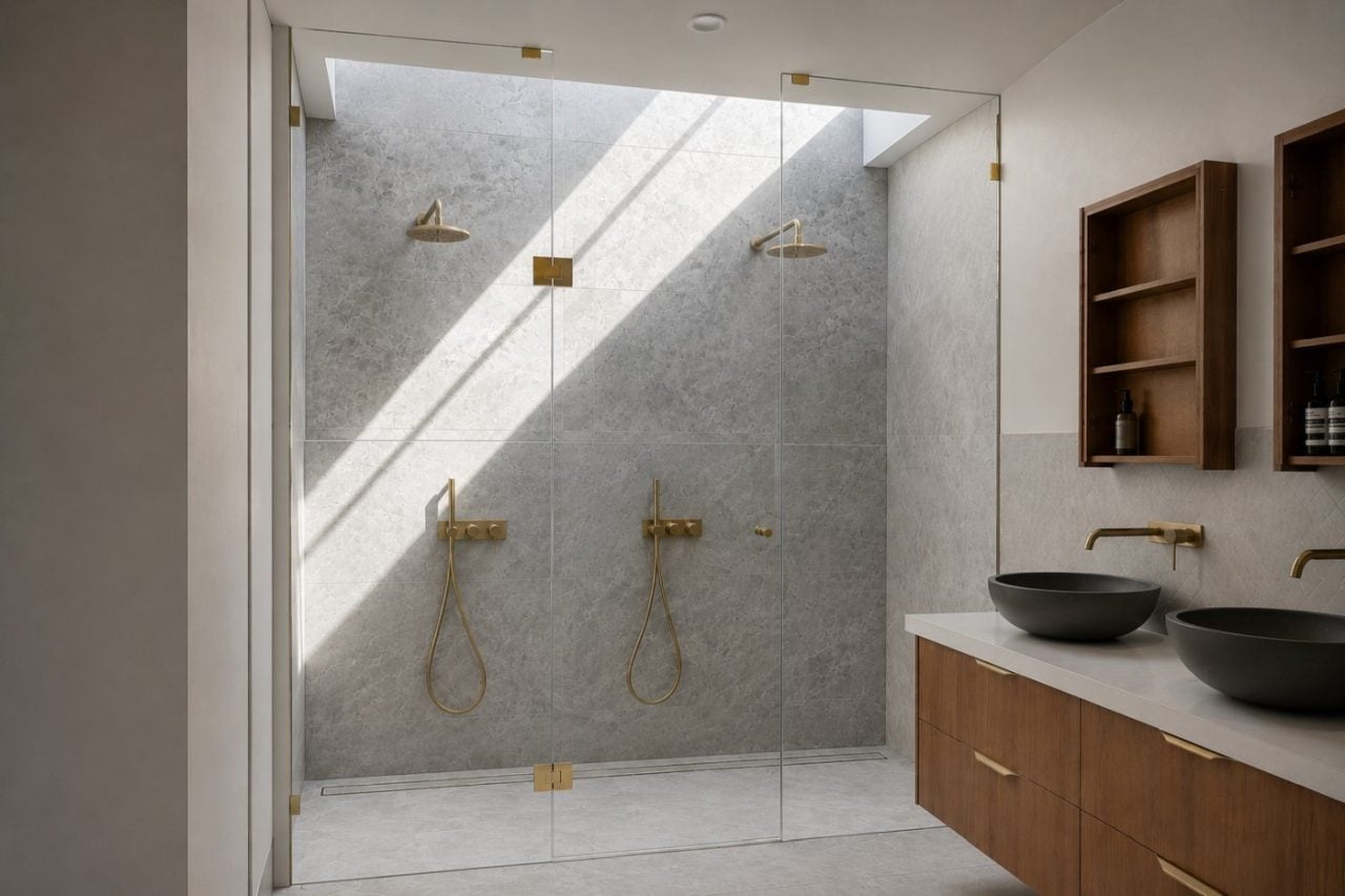 Low iron frameless shower screen installed in a Melbourne bathroom