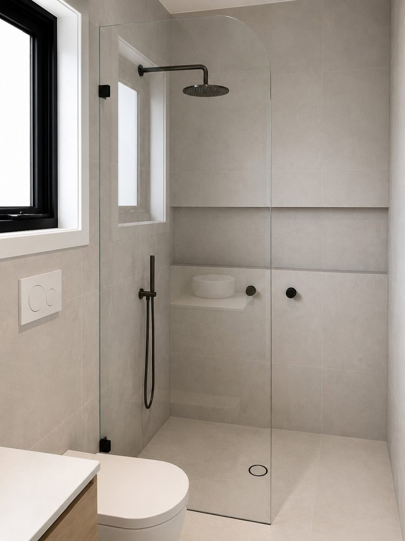 Custom radius corner shower screen with curved glass installed in Kurunjang bathroom