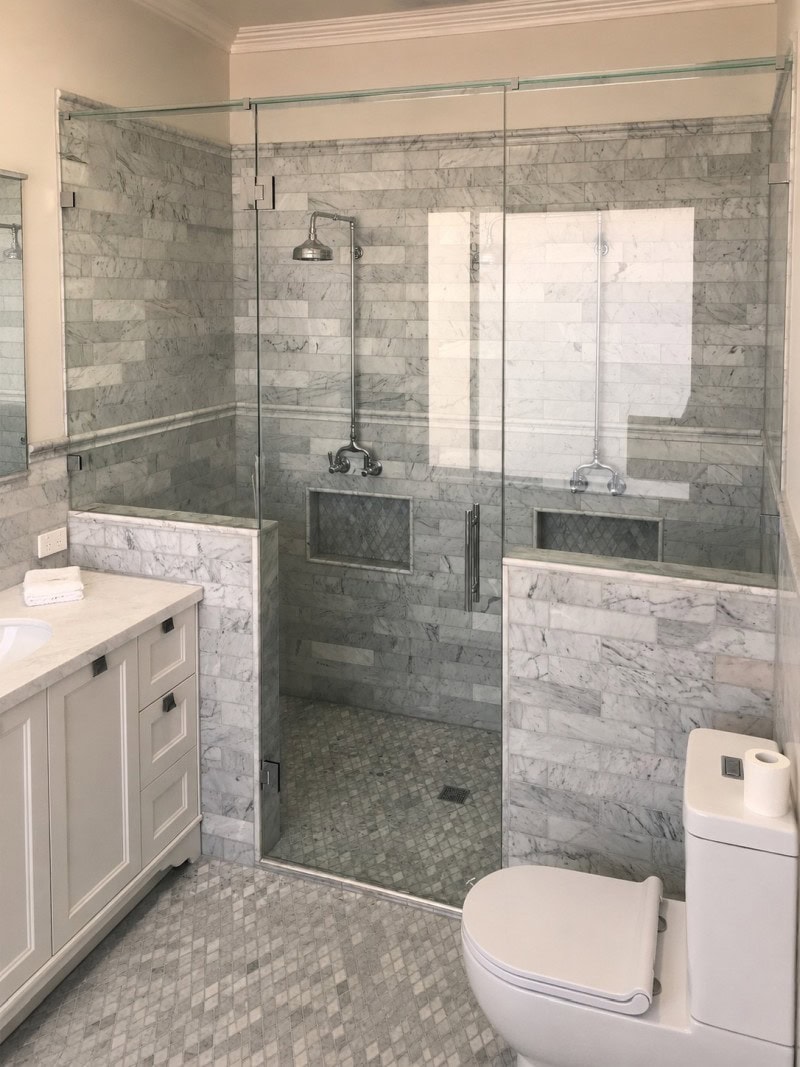 Starphire low iron frameless shower screen installed in a South Morang bathroom renovation