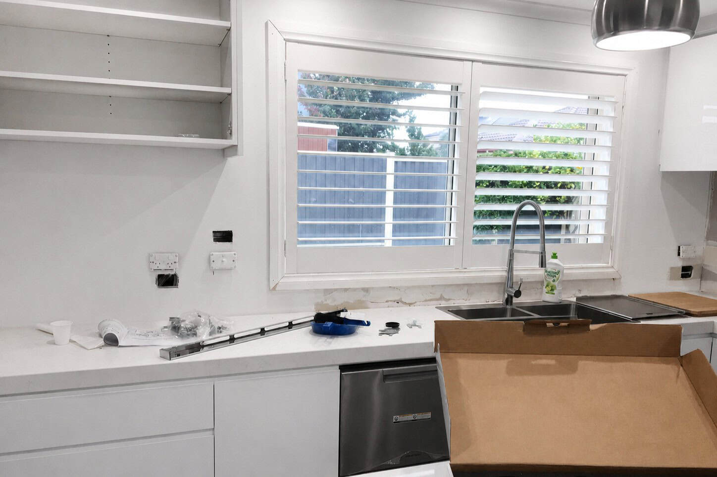 Sydenham kitchen before dark charcoal grey glass splashback installation