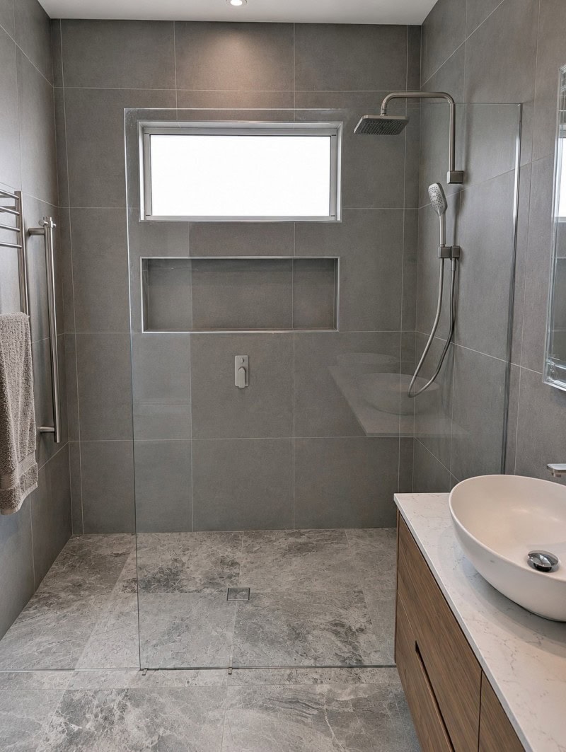 Walk-in shower glass panel installed in Macedon bathroom