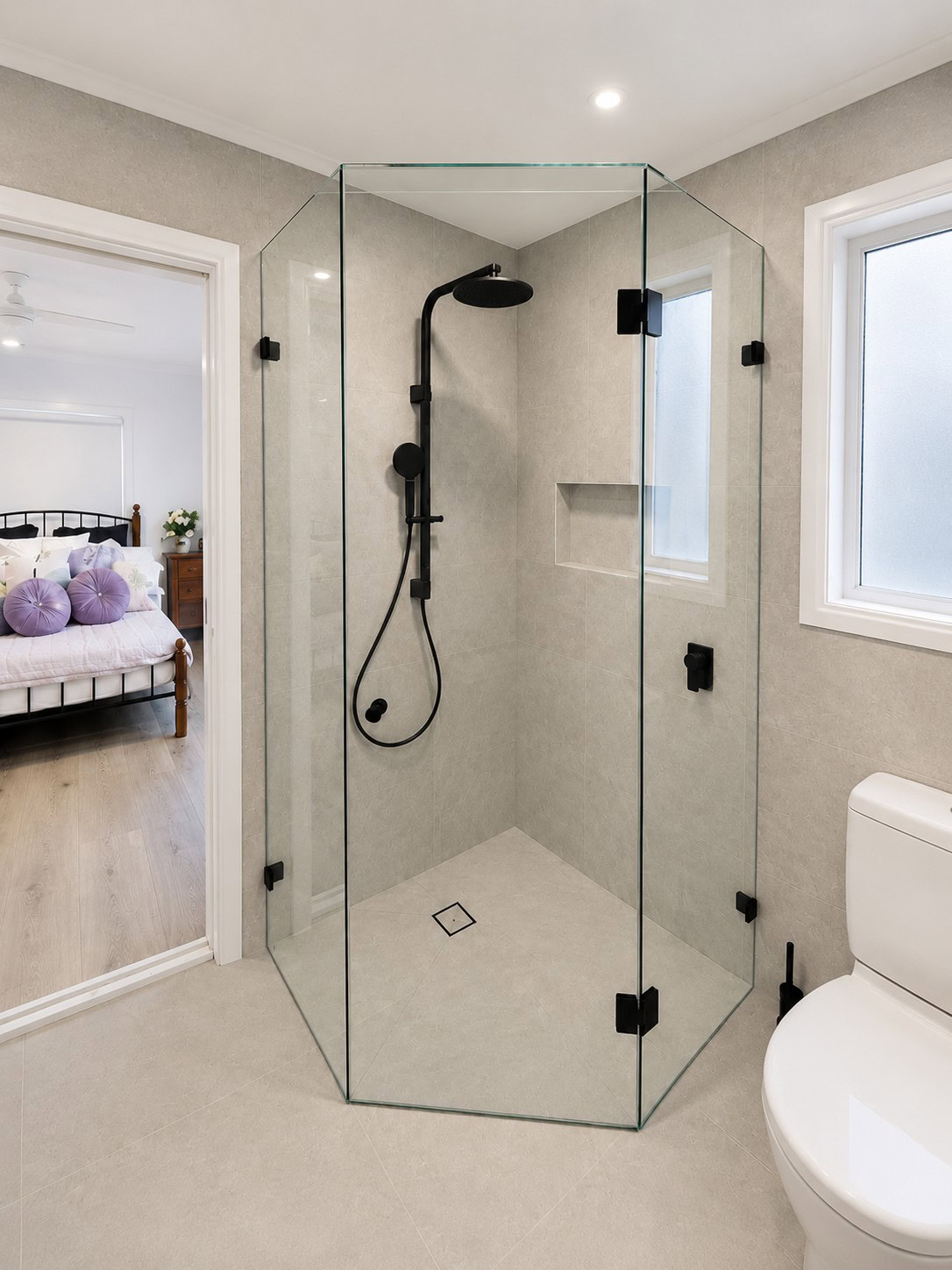 Diamond shape shower screen installed in Altona Meadows bathroom