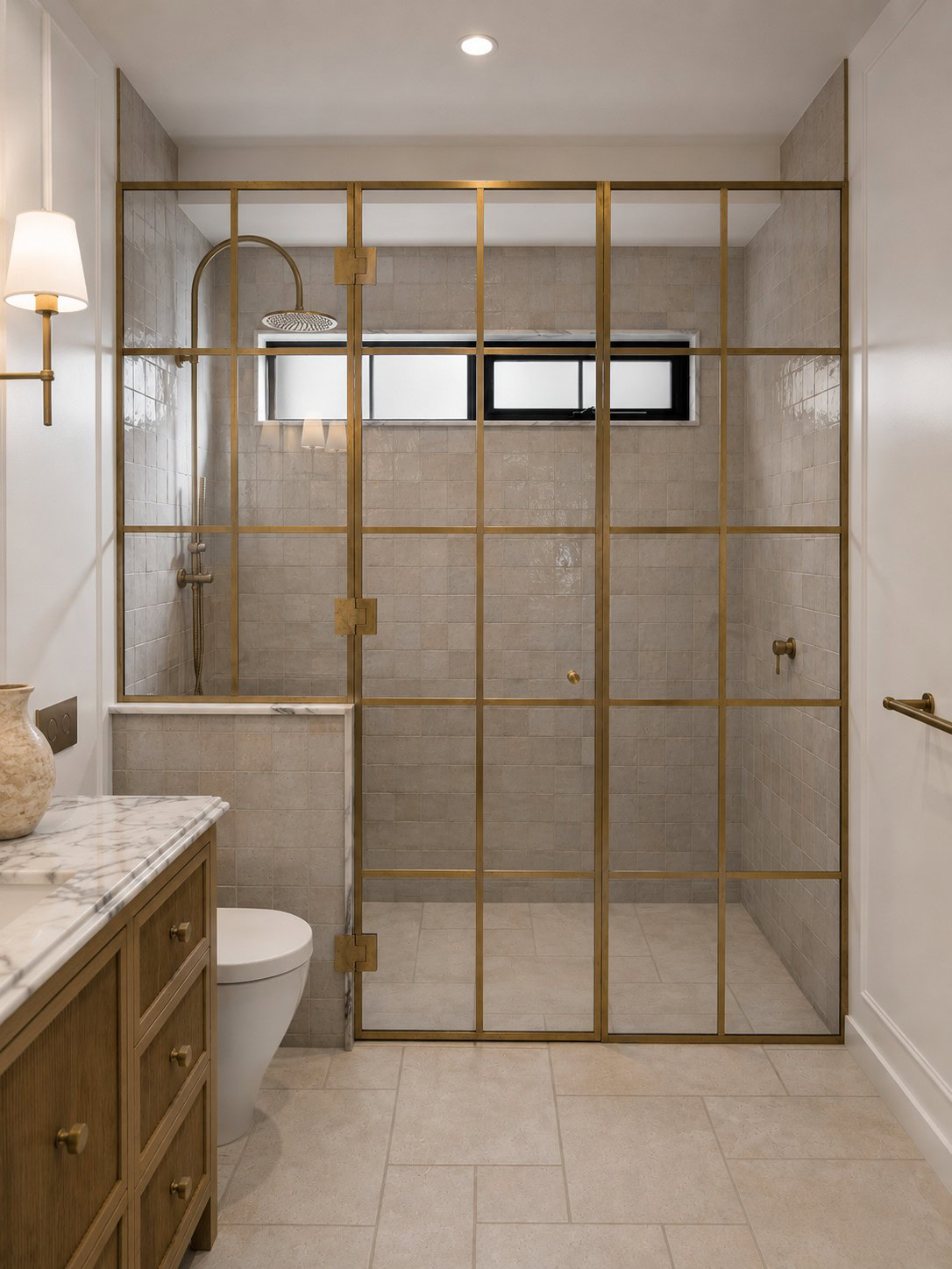 Hinged shower door with concealed screw hinges and brass cover plates