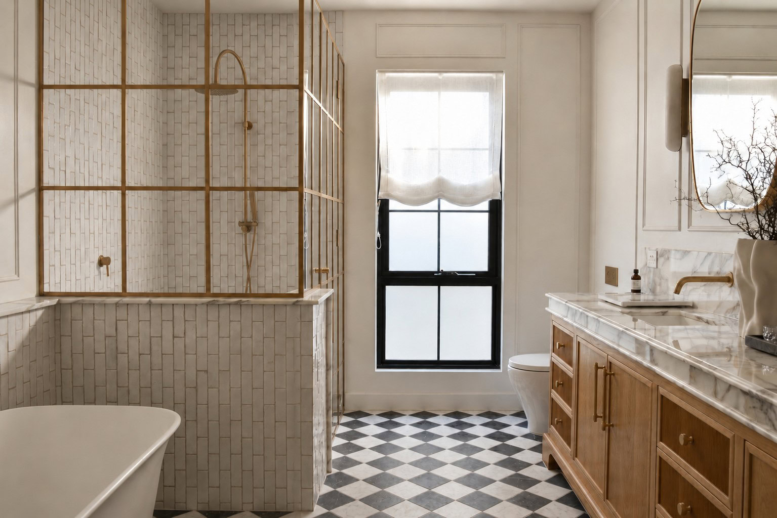 Wide view of the main bathroom raw brass shower screen in Point Cook