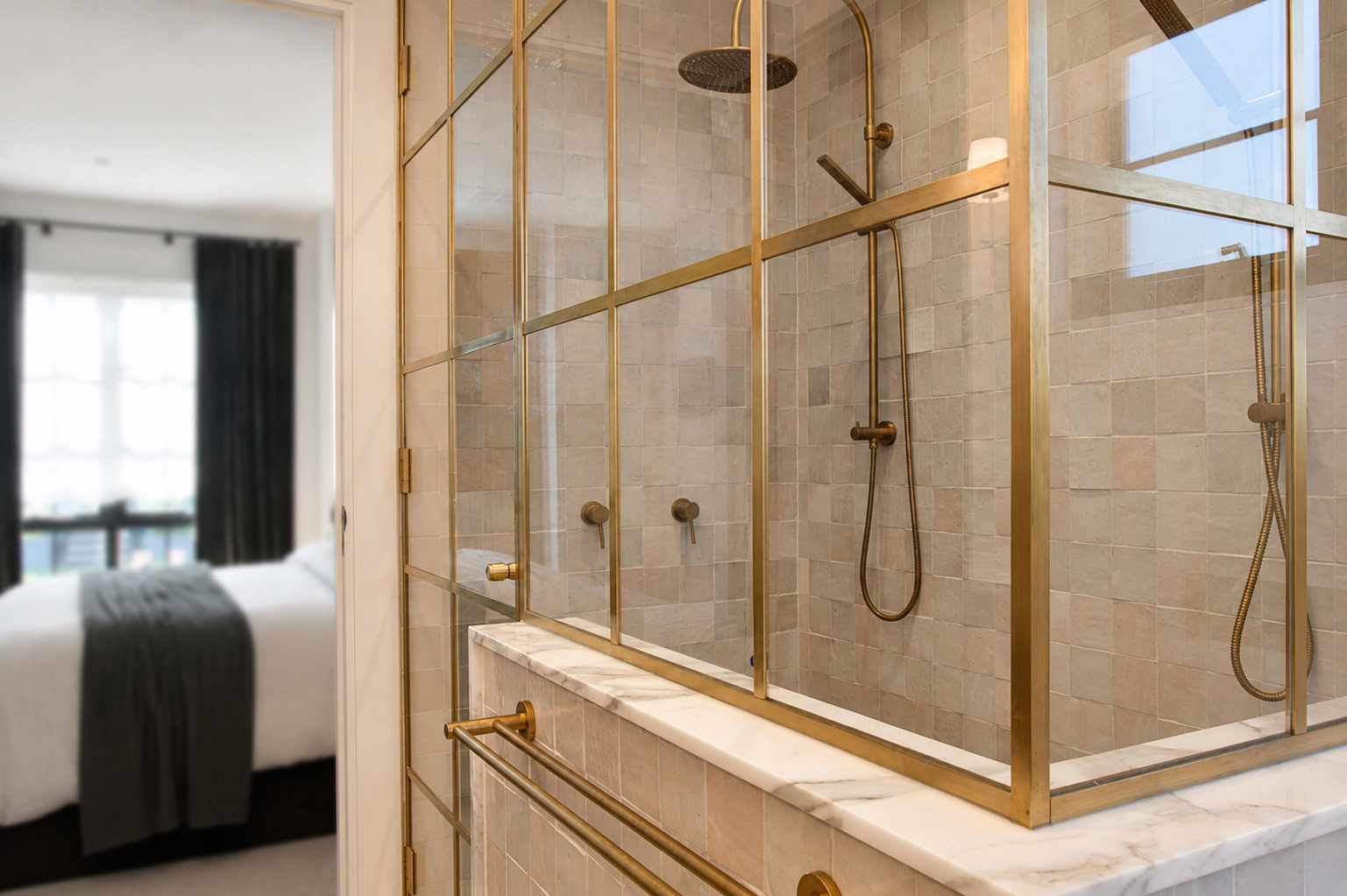 Front ensuite custom raw brass shower enclosure in Point Cook