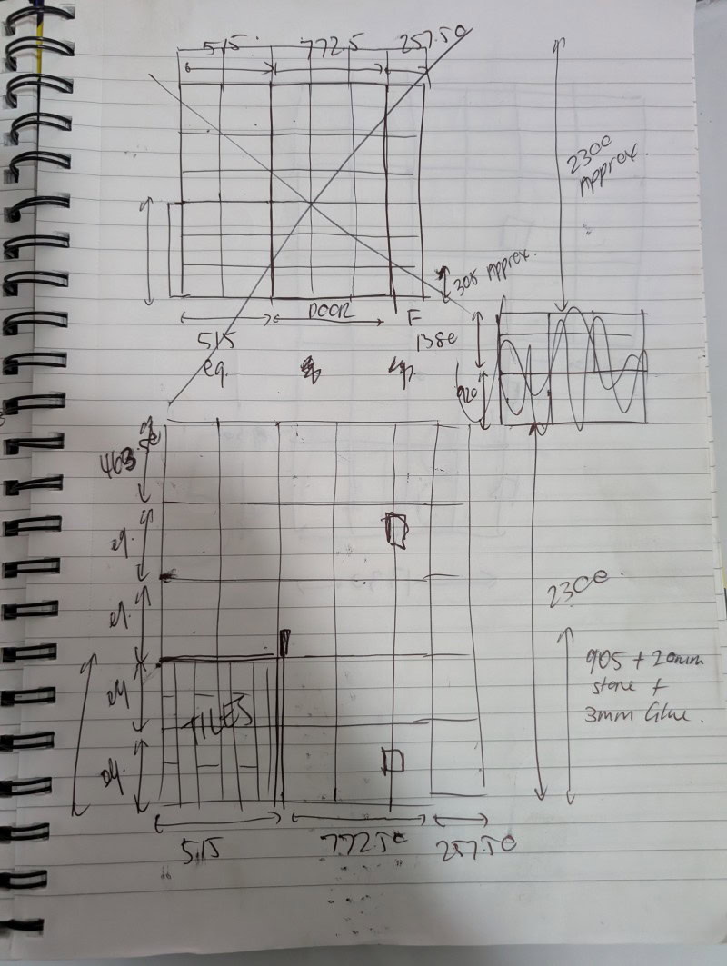 Initial hand sketch for the custom raw brass shower screens in Point Cook