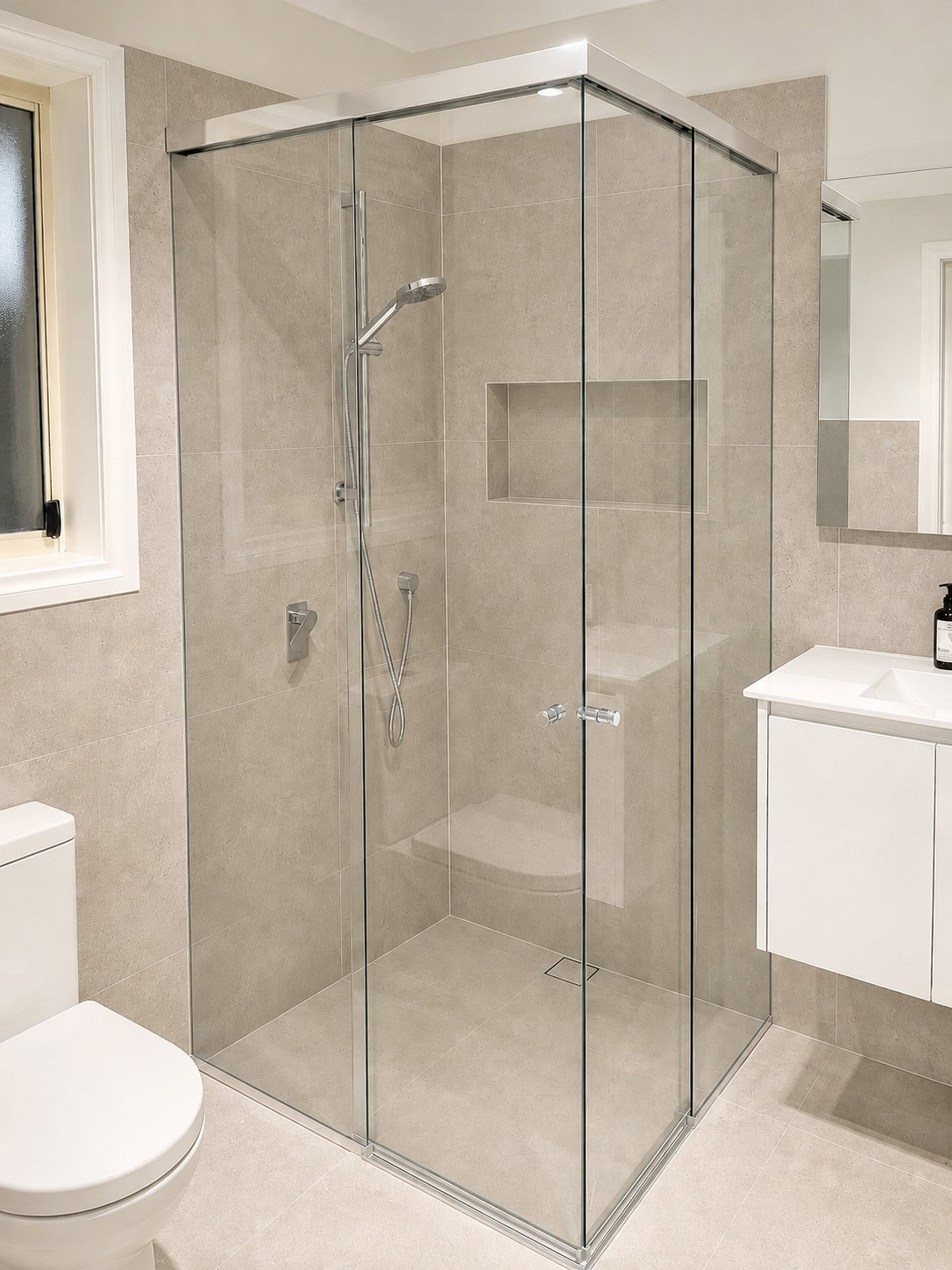 Chrome corner entry shower screen installed in Keilor Downs bathroom