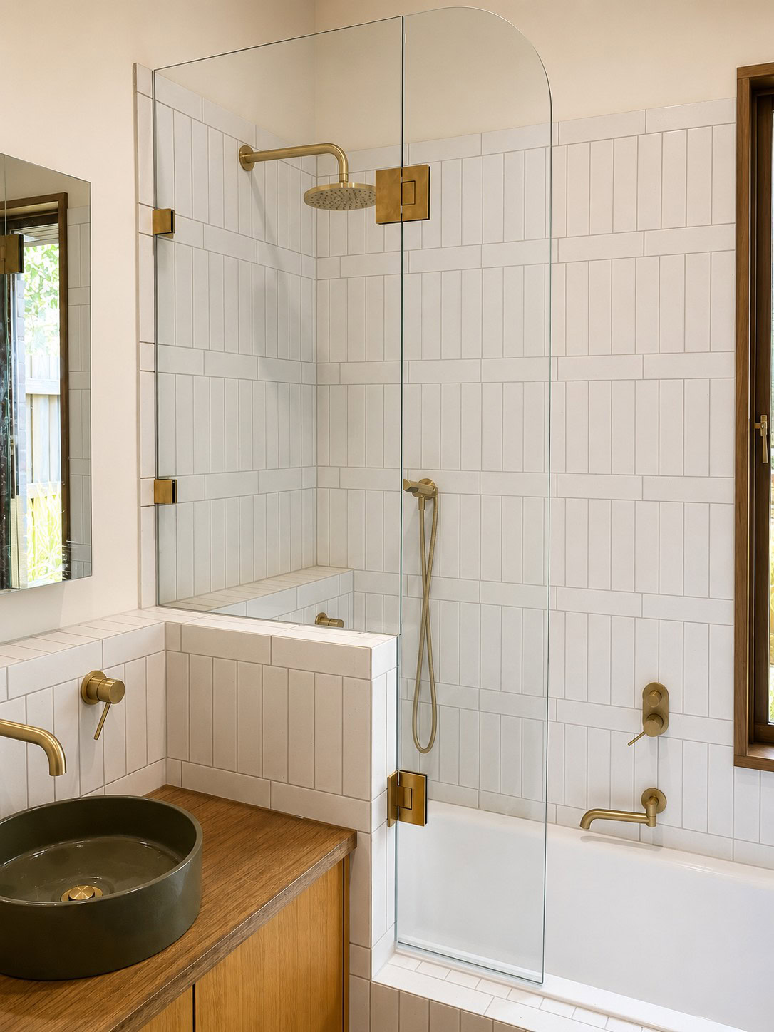 Custom over bath shower screen with brushed brass hardware installed in Preston bathroom