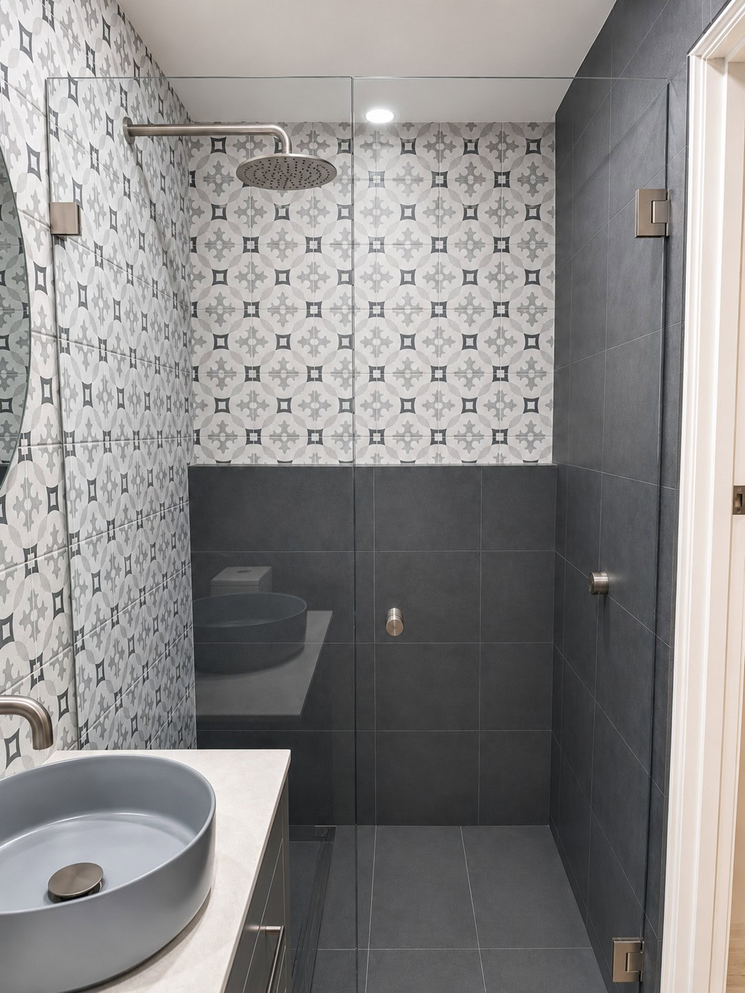 Brushed nickel frameless shower screen installed in Keilor ensuite