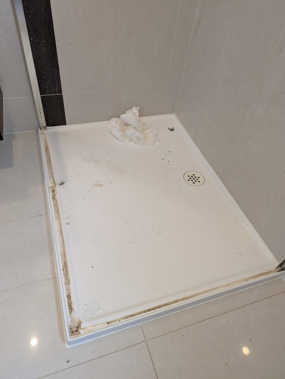 Built up grime and old silicone found under a framed shower screen during replacement