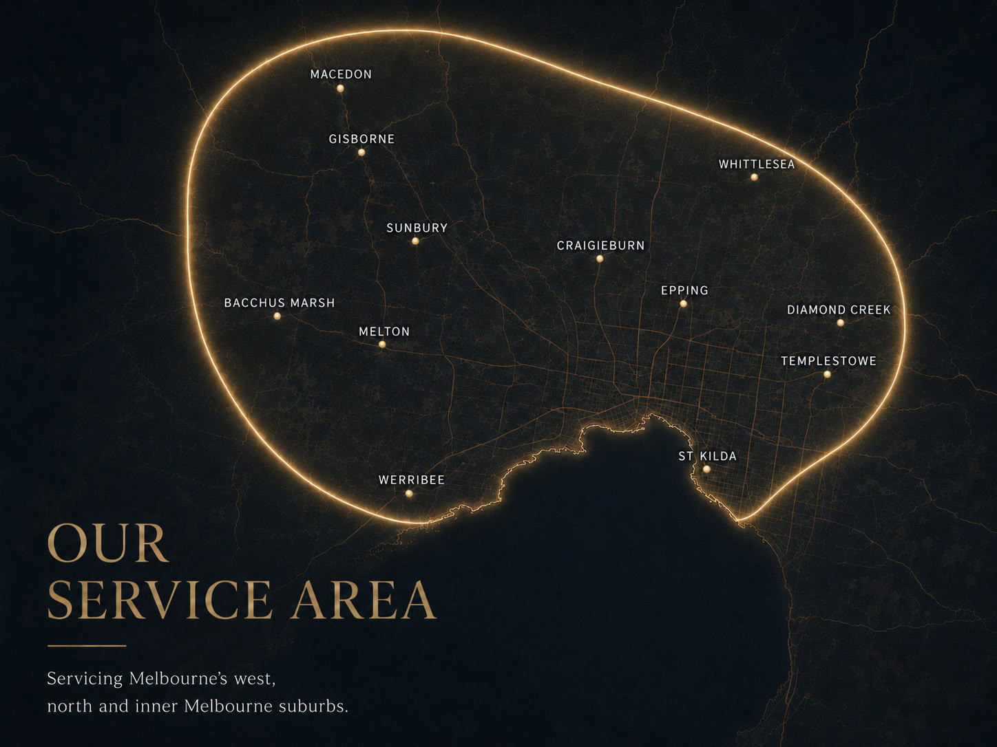 Famous Frameless service area map covering Melbourne north and west