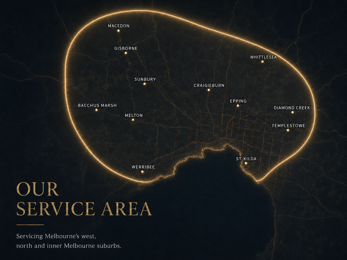 Famous Frameless service area map covering Melbourne north and west