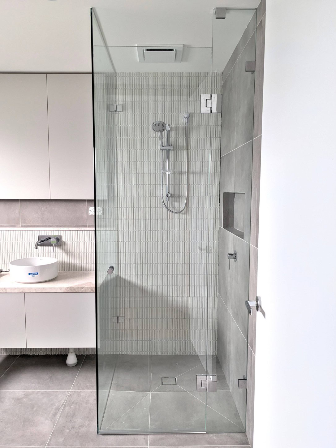 Full height corner shower screen installed in Fairfield bathroom