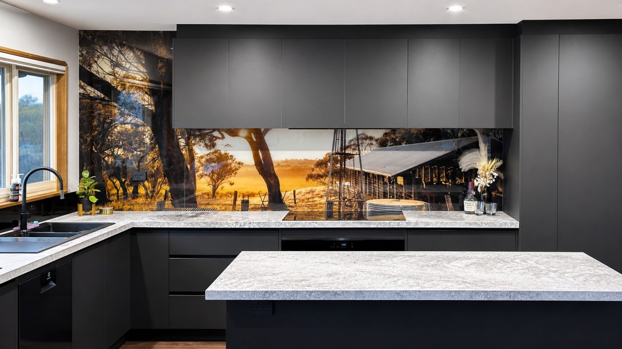 Custom printed glass splashback with landscape artwork in a Melbourne kitchen