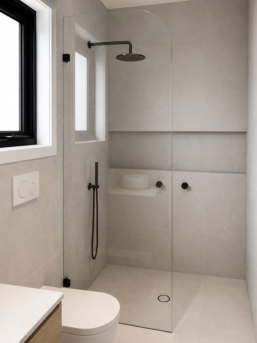 Radius corner walk-in shower screen installed in Kurunjang bathroom