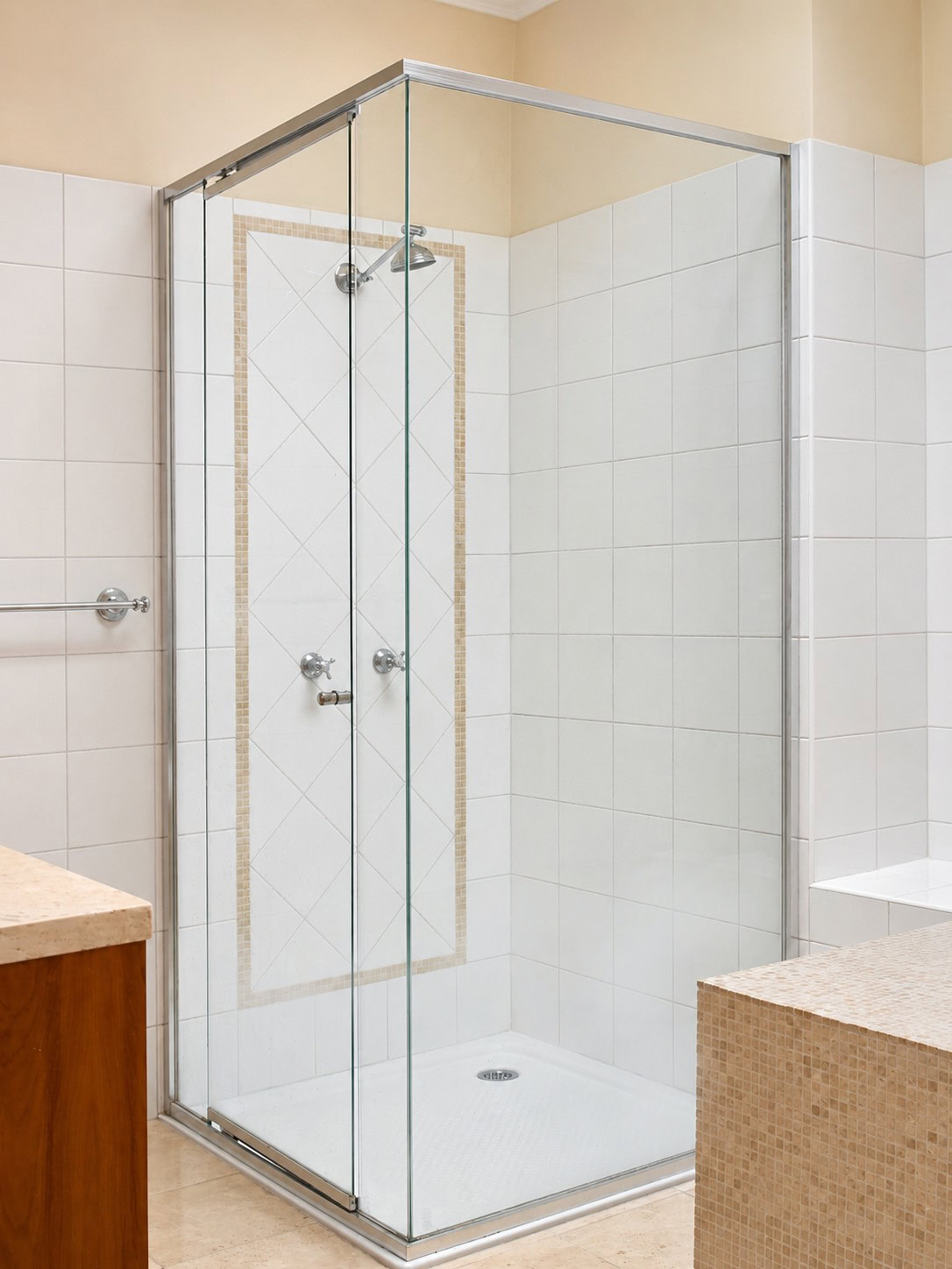 Old semi-frameless shower screen before replacement in Avondale Heights bathroom