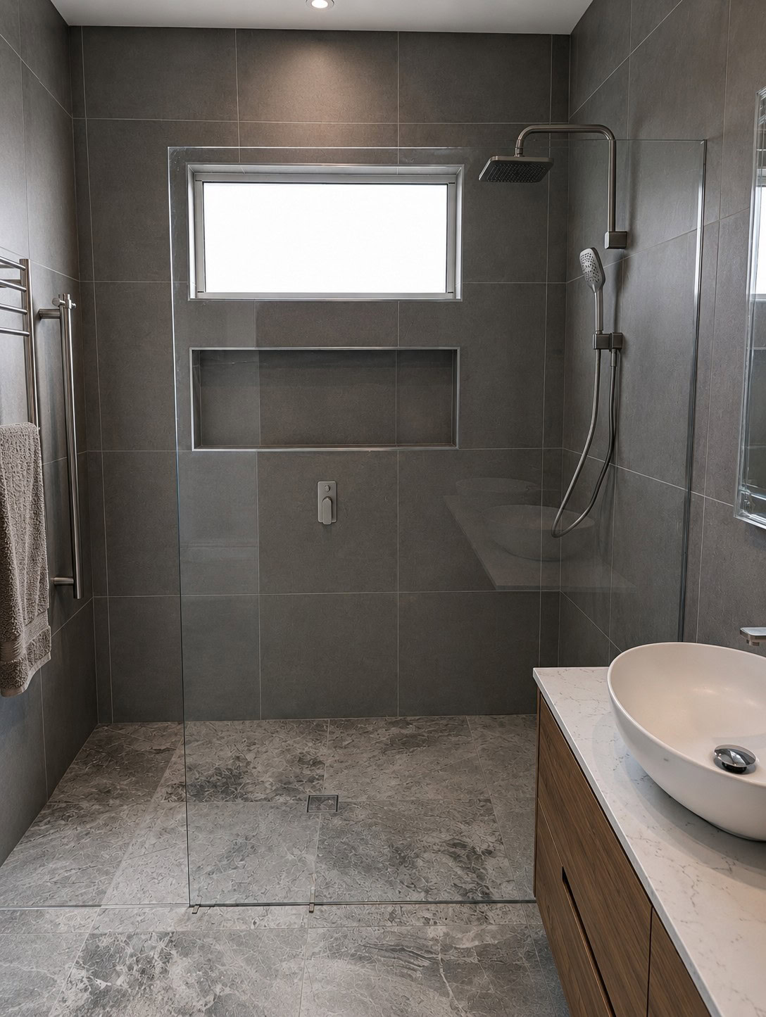 Frameless walk-in shower panel installed in Macedon bathroom