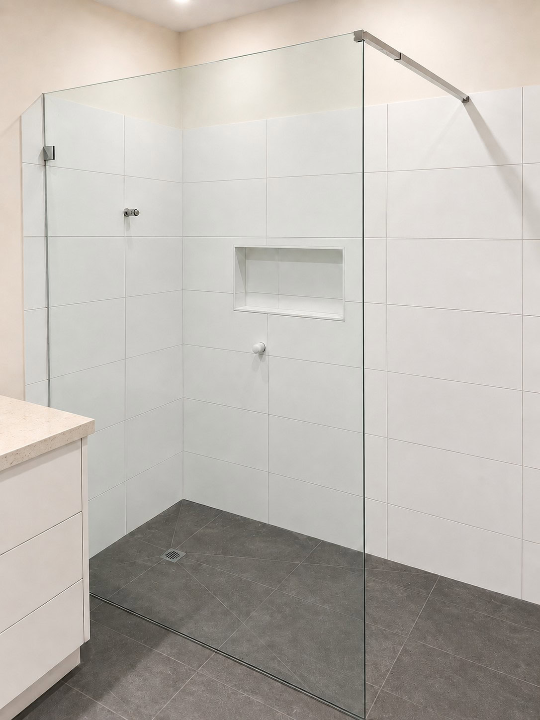 Walk-in shower screen panel installed in Oak Park bathroom