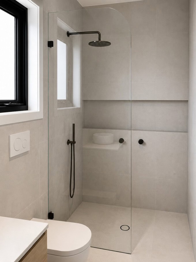 Curved glass shower panel in Melbourne bathroom