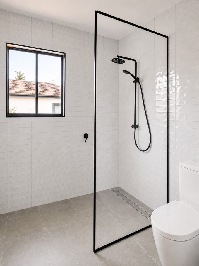 Black frame shower screen in Melbourne bathroom