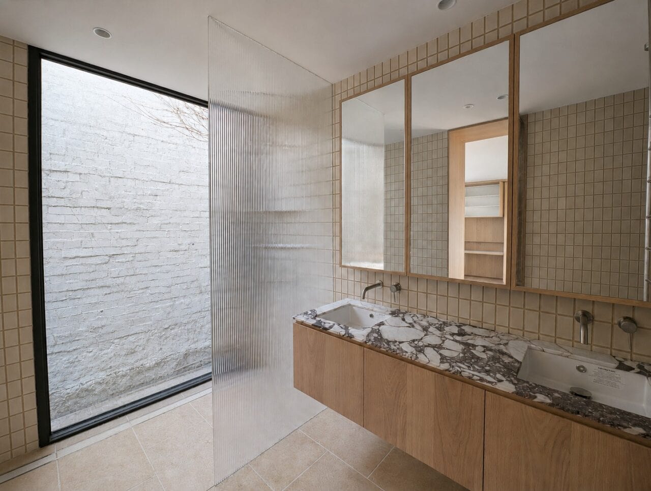 Custom fluted glass shower screen with narrow reeded glass installed in a Melbourne bathroom